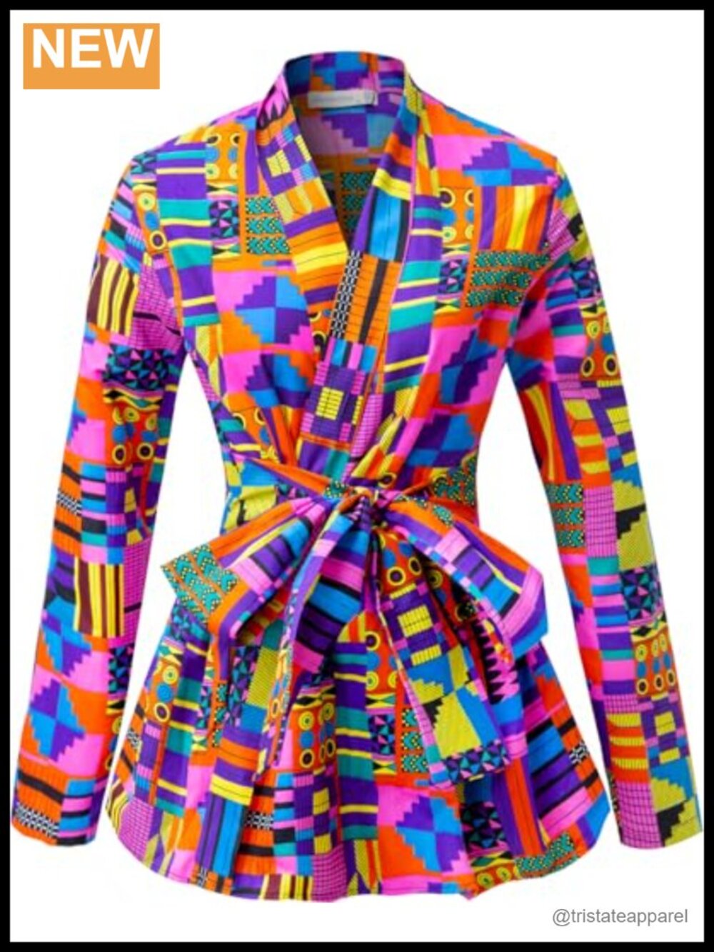 African Wax Cotton Dashiki Shirt Long Sleeve Mandarin Collar Belted Blouse